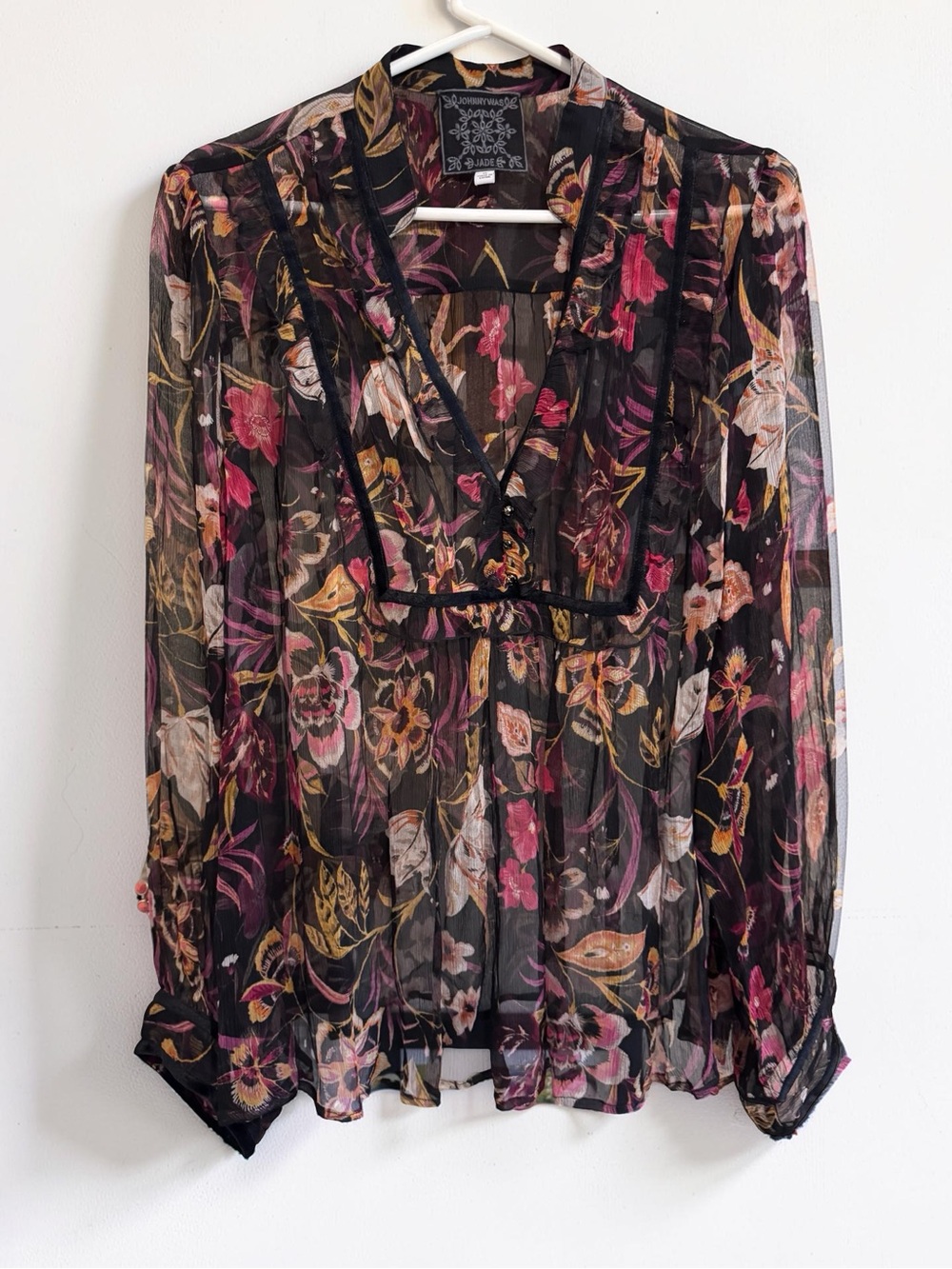 Johnny Was Jade 100% Silk Floral Sheer Boho Peasant Blouse Top XL